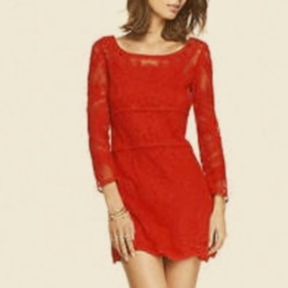 EXPRESS size XS Cherry Red Long Sleeve Crochet Lace Mini Dress NWT